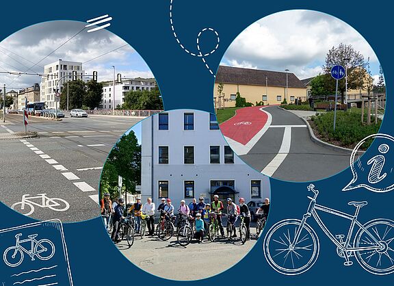 Drei Fotos zeigen exemplarisch Radfahrende und Radverkehrsinfrastruktur in Gera.